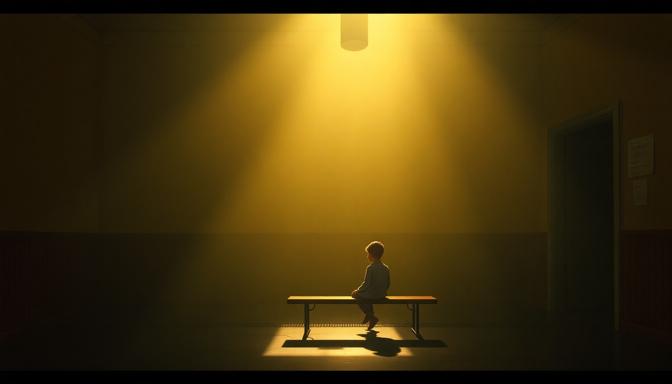 A somber, cinematic painting of a young child sitting alone on a bench in a dimly lit government office, the scene bathed in warm, diagonal sunlight and deep shadows, conveying a sense of vulnerability and uncertainty.