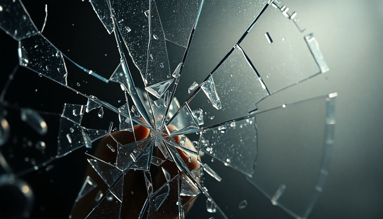 An extreme close-up of shattered glass fragments reflecting dramatic studio lighting, conceptually representing the fractured lives and identities of the Iranian characters in the play 'English'.