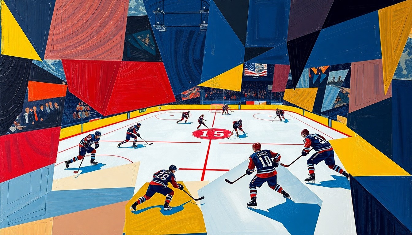A fragmented, multi-angled painting depicting the abstract shapes of hockey players and the rink, rendered in a bold color palette of navy, red, and gold, conceptually representing Adam Fox's community impact through his personal ALS fundraising campaign.