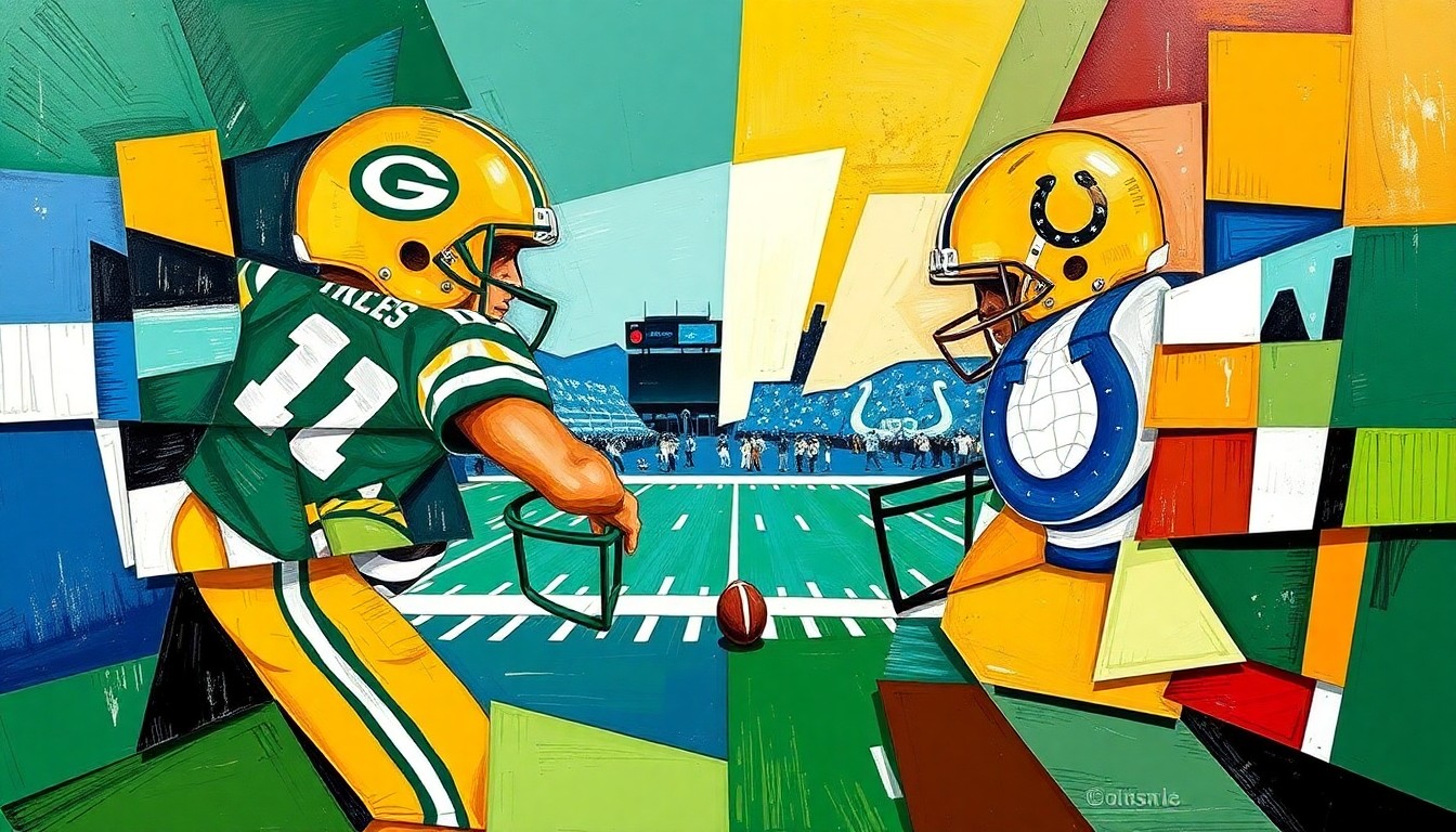 A fractured, cubist-style painting depicting a football game, with sharp geometric planes in shades of green, gold, blue, and white representing the action on the field.