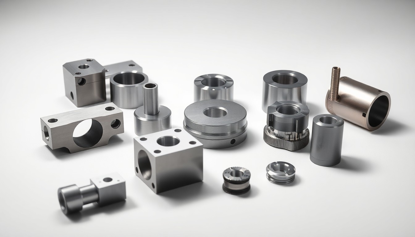 A high-end studio still life photograph featuring a collection of polished metal machine parts in silver and gray tones, arranged elegantly on a clean white background to symbolize the technical sophistication of Yijin Solution's CNC milling capabilities.