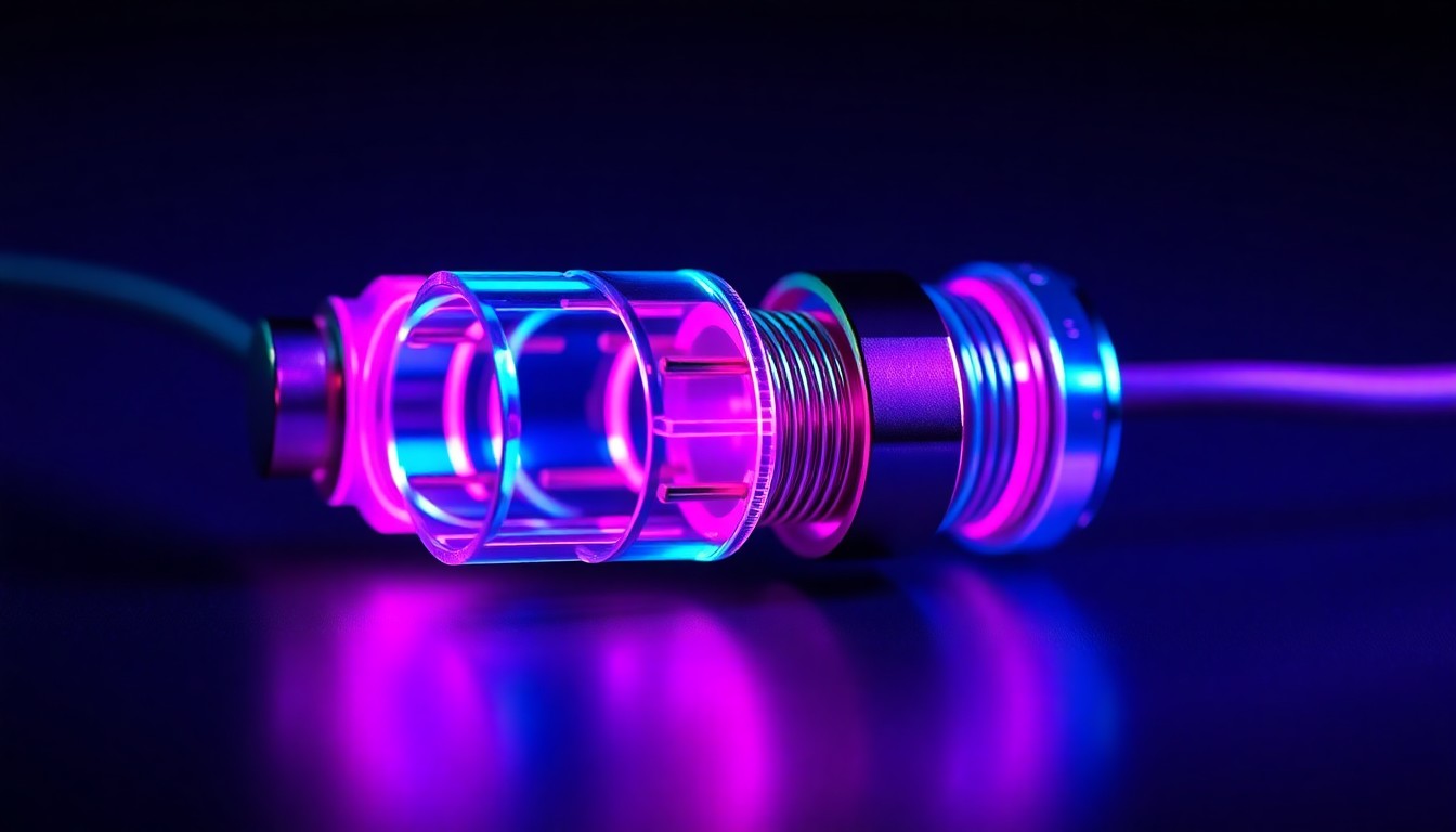 A highly detailed, glowing 3D macro illustration of a coaxial pogo pin connector, with its internal shielding structure and flexible spring-loaded design illuminated by neon cyan and magenta lights, conceptually representing the advanced technology behind this high-frequency signal transmission solution.