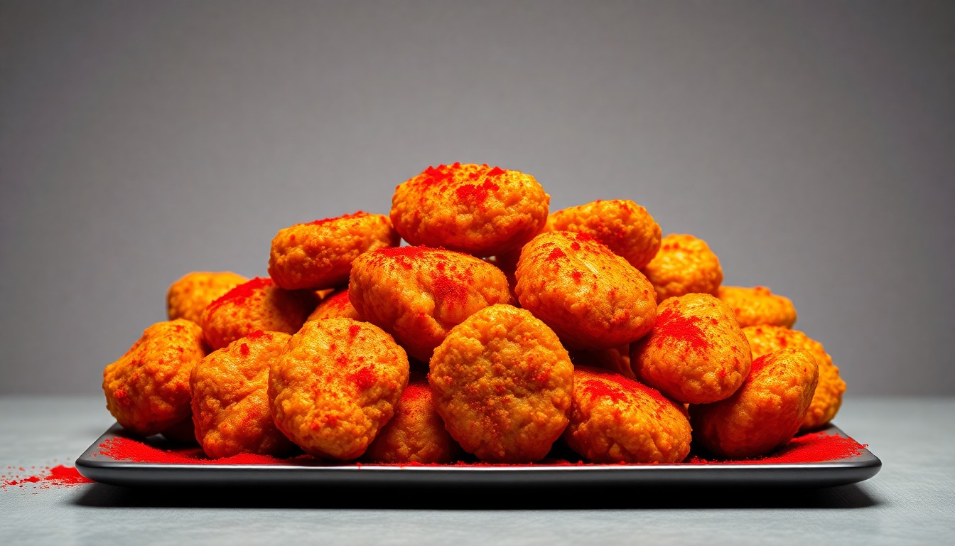 A photorealistic studio still-life image of a plate of crispy golden-brown chicken nuggets dusted with a vibrant red spice blend, set against a clean, monochromatic background with dramatic lighting and shadows, conceptually representing the bold and fiery flavors of Taco Bell's new Diablo Dusted Crispy Chicken Nuggets.