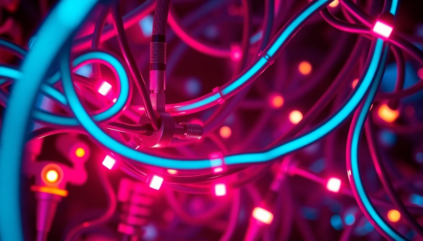 A highly detailed, macro-level illustration of a glowing, illuminated robotics wire harness assembly, with neon cyan and magenta lights highlighting the intricate connections and components, conceptually representing the advanced technology powering next-generation automation systems.
