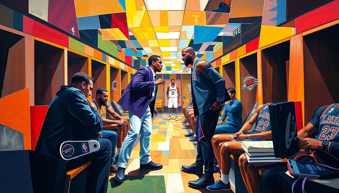 A fractured, cubist-style painting depicting the intense emotions and physical movements of an NBA locker room confrontation, with sharp geometric planes in the team colors of the Los Angeles Lakers and Oklahoma City Thunder.