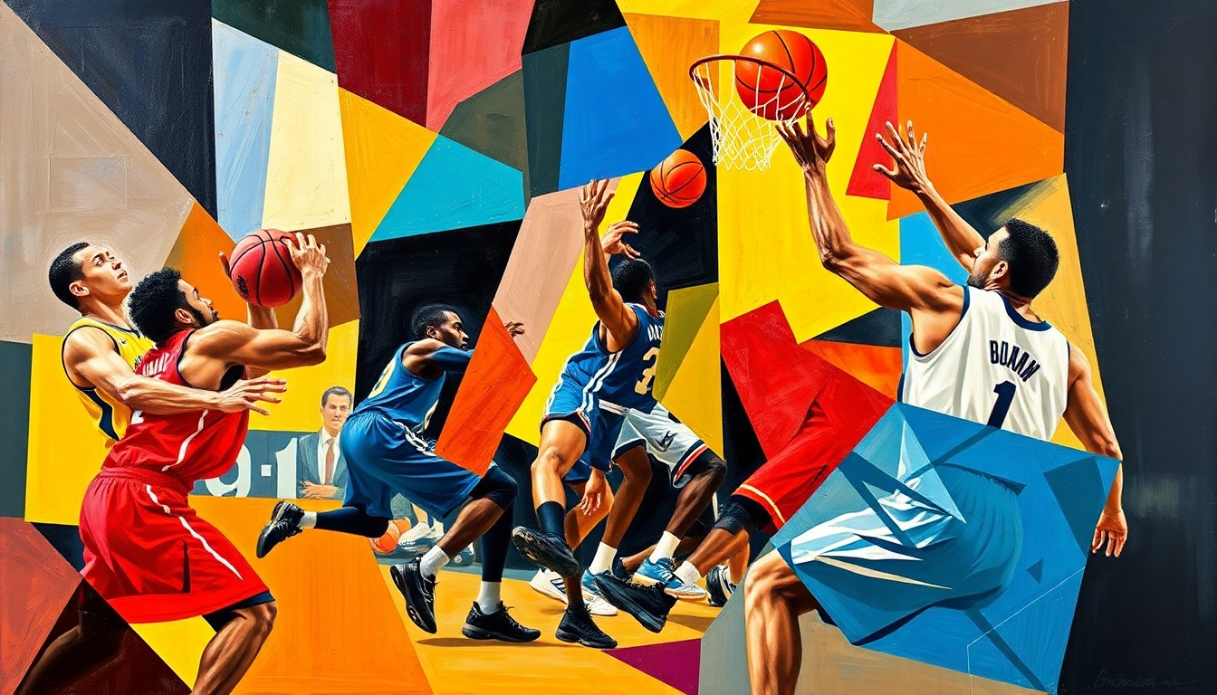 A vibrant, abstract painting featuring overlapping geometric shapes and planes of color, representing the dynamic action and energy of a basketball game.