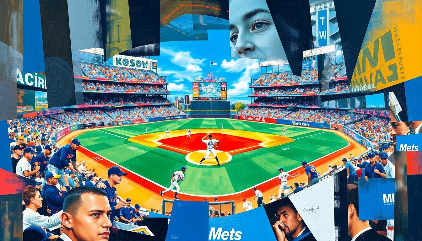 A cubist, geometric painting depicting a baseball game between the New York Mets and Miami team, with the players and field rendered in a dynamic, abstract composition that captures the intensity and brilliance of the Mets' performance.