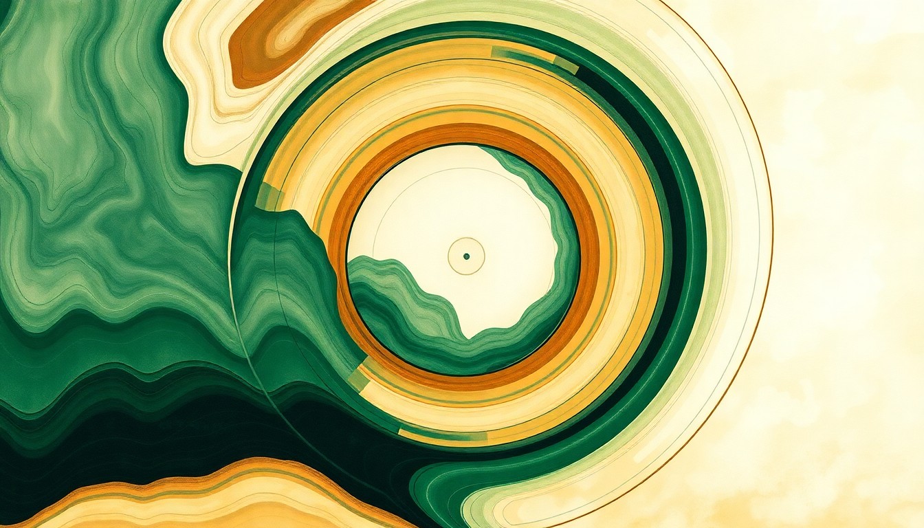 A bold, abstract painting in earthy tones featuring sweeping geometric arcs, concentric circles, and precise botanical spirals, conceptually representing the complex geologic processes that have shaped the course of the Green River over deep time.