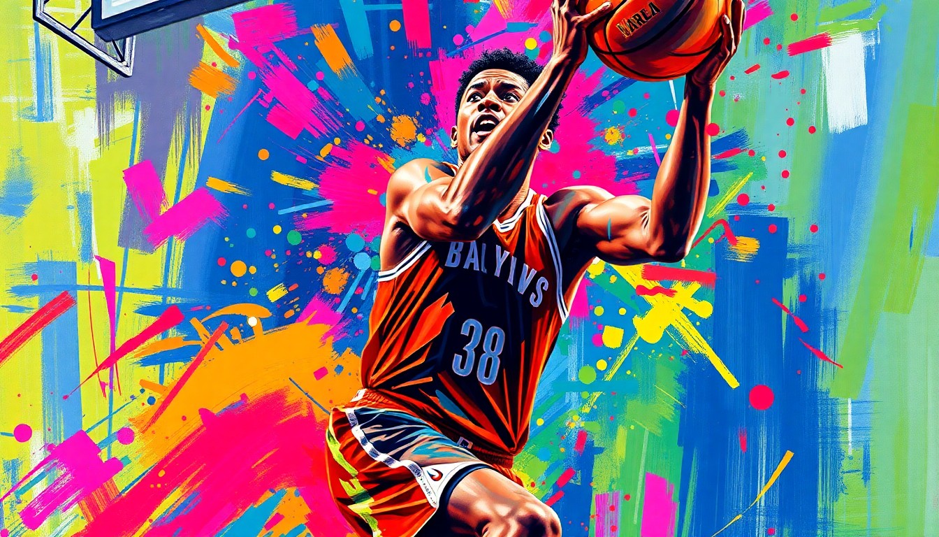 An abstract, expressionist painting in neon colors depicting Donovan Mitchell driving to the hoop, his figure dissolving into vibrant brushstrokes that capture the raw energy and excitement of the game.