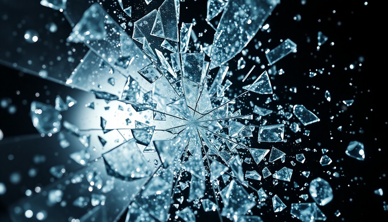 An abstract, high-contrast close-up image of shattered glass and glittering shards, conveying the tension and fragility of the political world depicted in the film 'Official Secrets'.