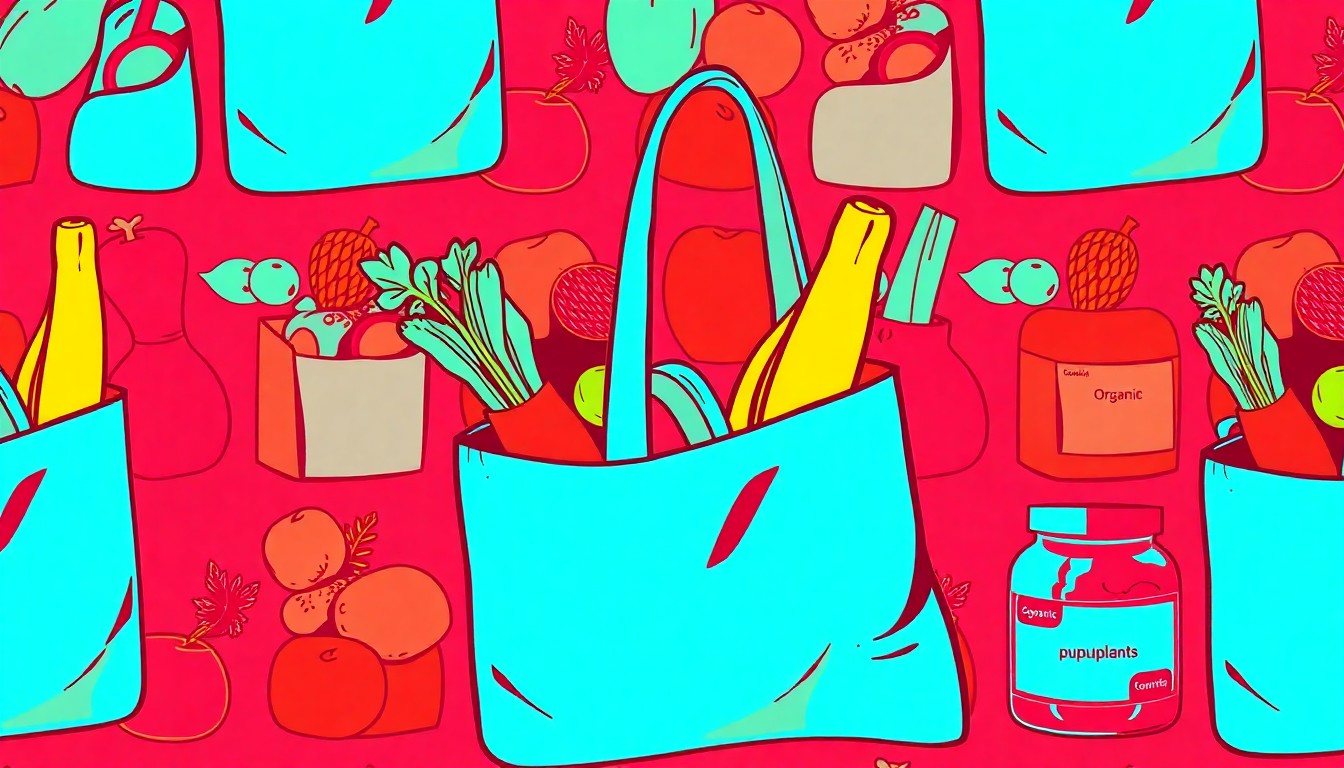 A brightly colored, high-contrast silkscreen print of various organic produce items such as apples, carrots, and leafy greens, repeated in a tight grid pattern to conceptually represent the diverse selection and community-focused mission of the Rainbow Grocery Cooperative.