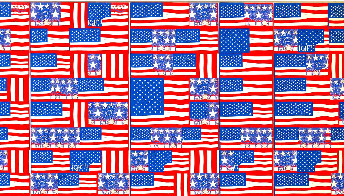 A bold, graphic illustration of an American flag icon repeated in a grid pattern, using a high-contrast, silkscreen pop art style to capture the celebratory energy of a community festival.