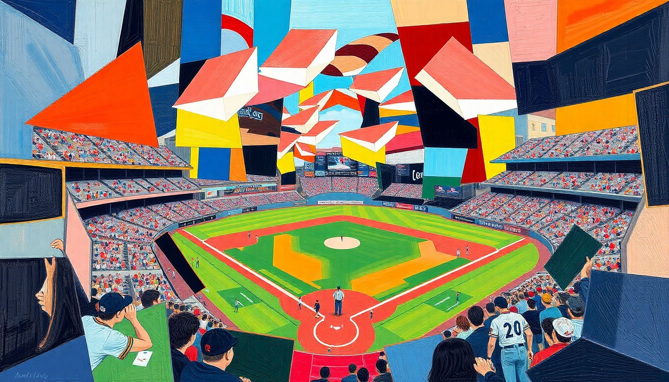A fragmented, geometric painting depicting a high school baseball game, with sharp planes of color representing the players and action on the field.