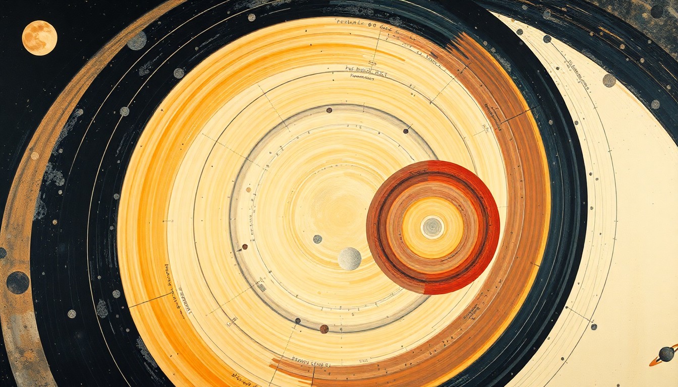 A highly structured abstract painting in soft colors, featuring sweeping geometric arcs, concentric circles, and precise spirals, conceptually representing the forces and conditions encountered by the Artemis II spacecraft during its reentry into Earth's atmosphere.
