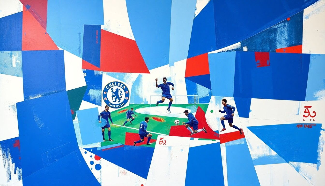 A cubist, geometric painting depicting a soccer player in motion, with their form broken down into overlapping planes of blue, white, and red, capturing the dynamic energy of the sport.