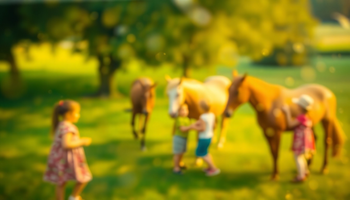 An abstract, out-of-focus photograph showing the blurred silhouettes of children and horses in a lush, green outdoor setting, with soft pools of warm, golden light creating a dreamlike, atmospheric mood.