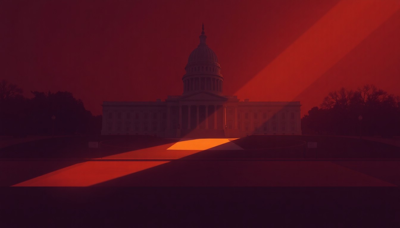 A serene, cinematic painting of an empty state capitol building in warm tones, with deep shadows and a sense of solitude, conceptually representing the political challenges faced by former local officials.
