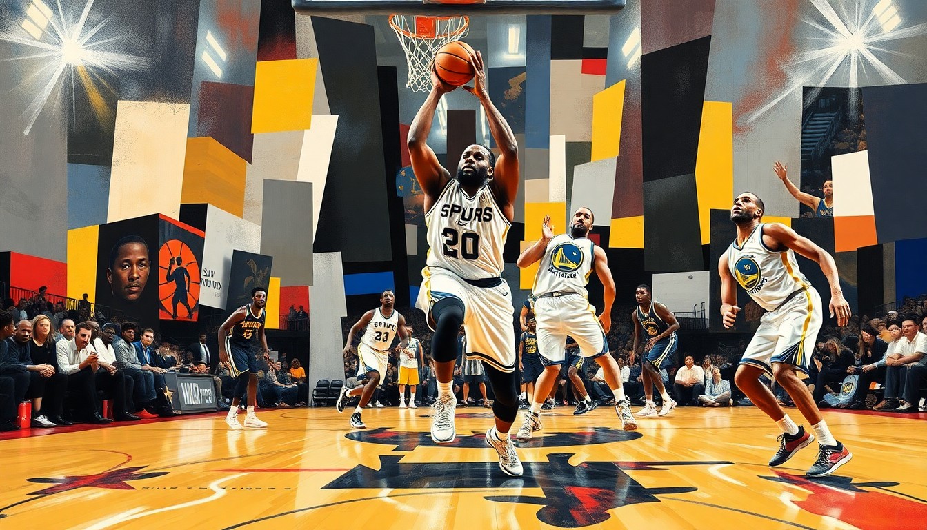 A fractured, multi-perspective painting depicting a basketball game, with sharp geometric planes and overlapping shapes representing the players' movements and the energy of the game. The focal point is a tall, lanky figure that appears to be the Spurs' rookie star Victor Wembanyama.