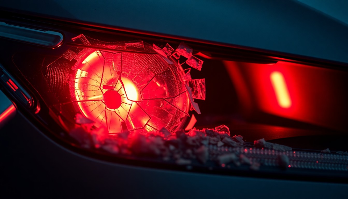 An extreme close-up of a shattered car sensor lens reflecting a faint red light, conceptually illustrating the vandalism of self-driving cars.
