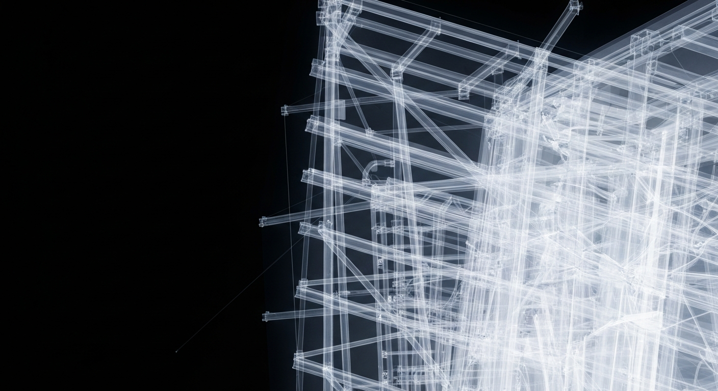 A ghostly, translucent X-ray image revealing the intricate network of rooms, equipment, and wiring that make up the internal structure of a modern hospital emergency department.