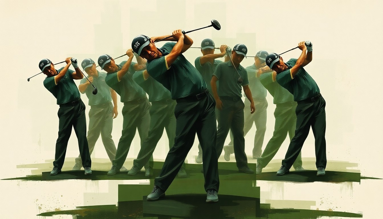 A cubist-style painting depicting a golfer's swing broken down into sharp, overlapping geometric shapes in muted greens, browns, and grays, conveying the mental and physical pressures of title defense.