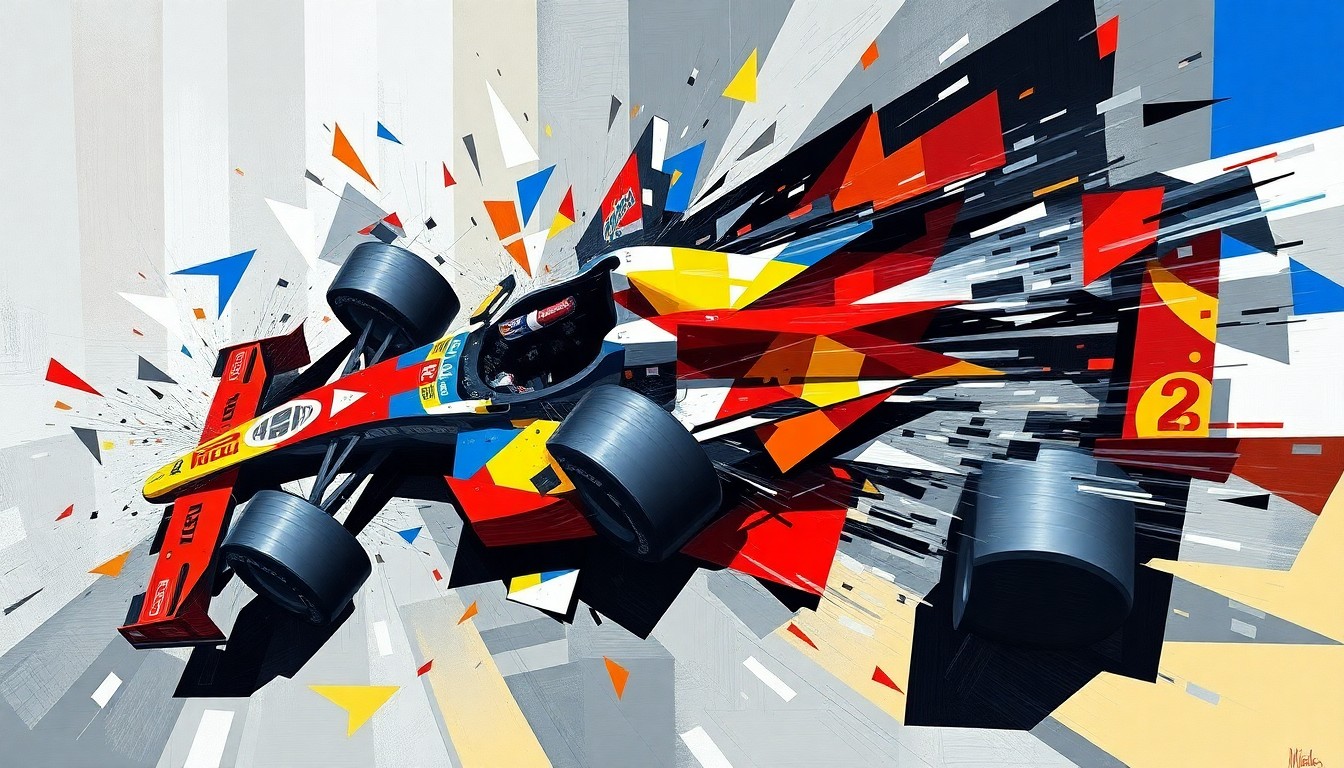 A fractured, geometric painting depicting an abstract, multi-angled view of an IndyCar crash, conceptually representing the uncertainty and drama surrounding Mick Schumacher's racing career.