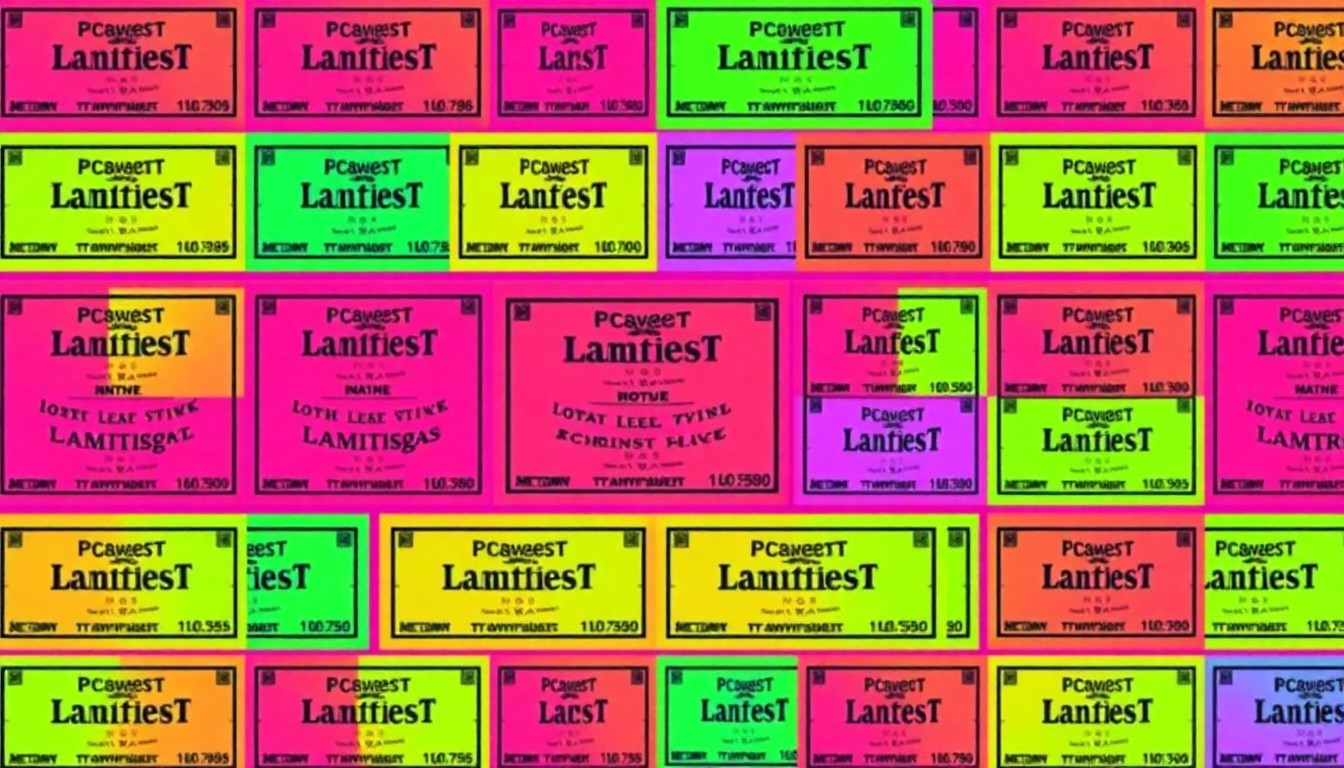 A brightly colored, high-contrast silkscreen print of a single, iconic lottery ticket object repeated in a tight grid pattern, utilizing flat, vibrant, and unnatural neon color palettes overlapping with heavy black photographic outlines to turn the everyday lottery ticket into modern pop art.