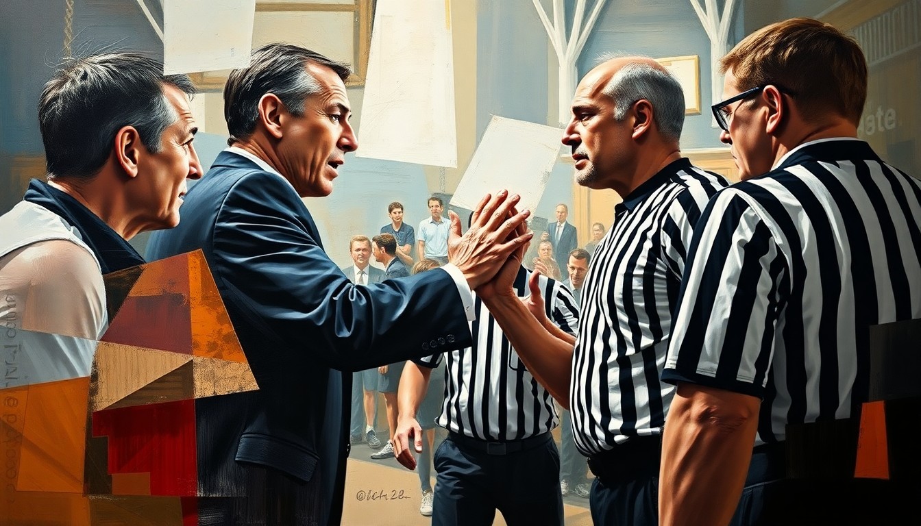A cubist, geometric painting depicting the confrontation between a basketball coach and referee, with sharp, overlapping planes of color and form conveying the intensity and subjectivity of the interaction.