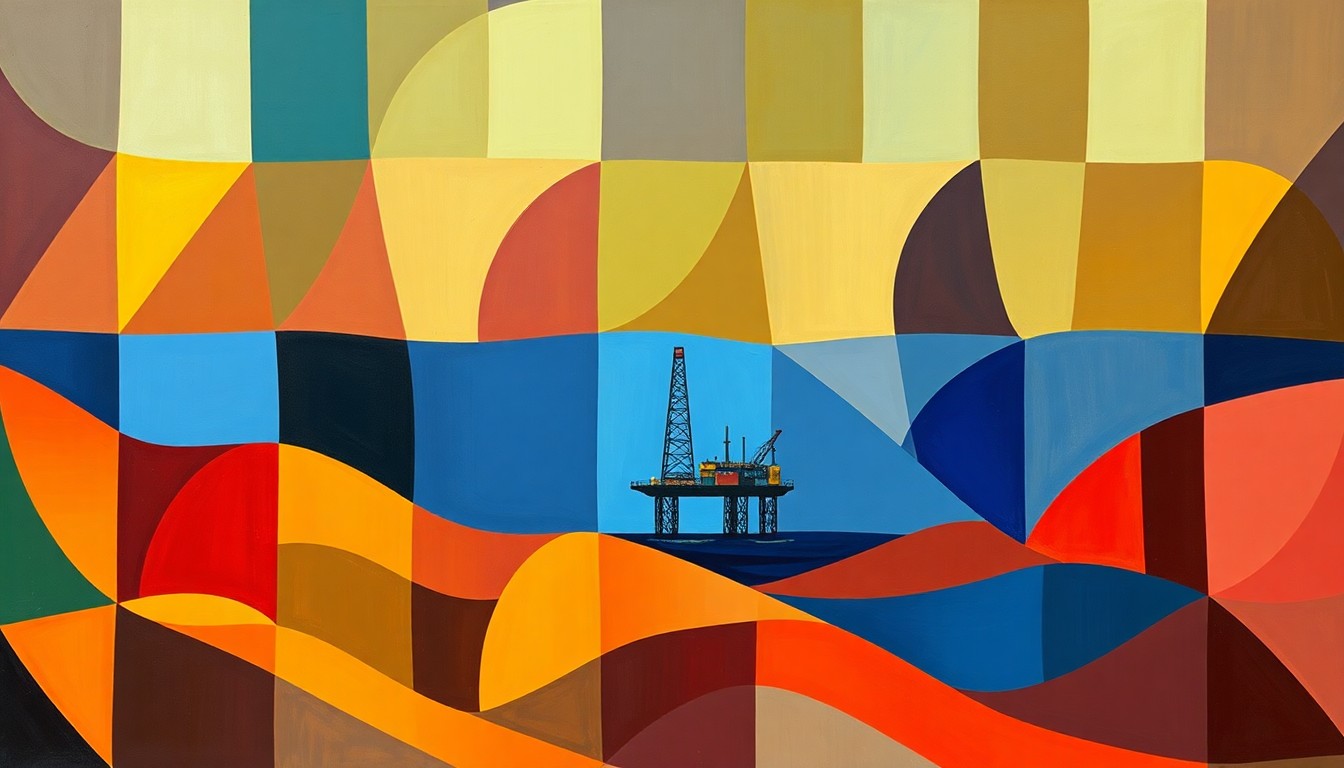 A vibrant, abstract painting depicting the fractured, overlapping forms of an oil rig or energy infrastructure, conveying the sense of instability and disruption in the region.