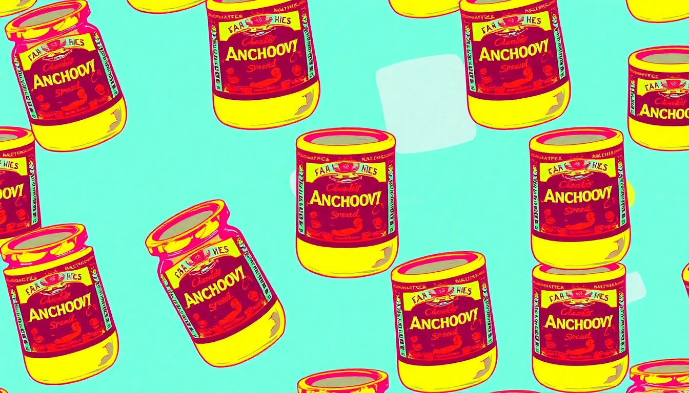 A highly stylized, pop art-inspired illustration featuring a grid of brightly colored anchovy spread jars, conveying the cultural significance and enduring appeal of this traditional British food item.
