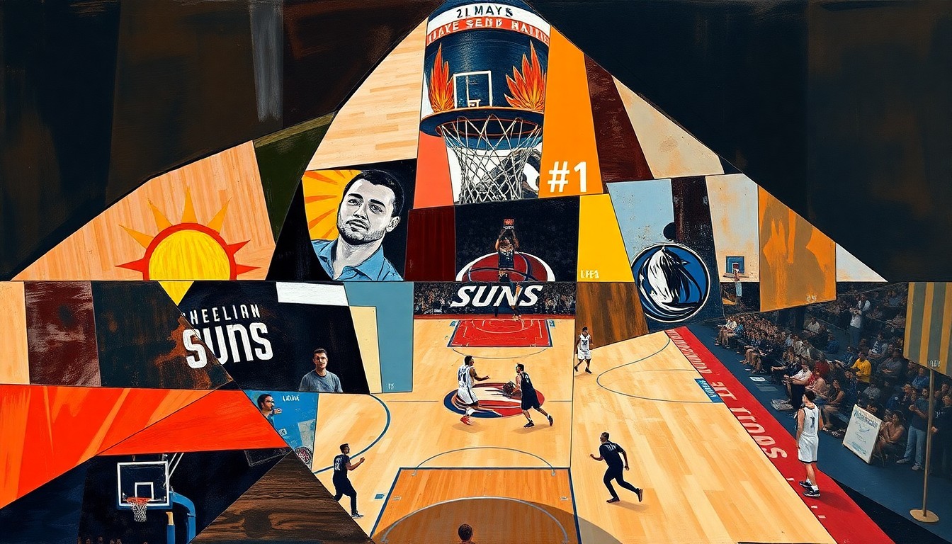 A cubist, geometric painting depicting a basketball game in motion, with players and the court fragmented into overlapping shapes and planes of color, conveying the disruption and challenges faced by the Phoenix Suns due to player injuries.