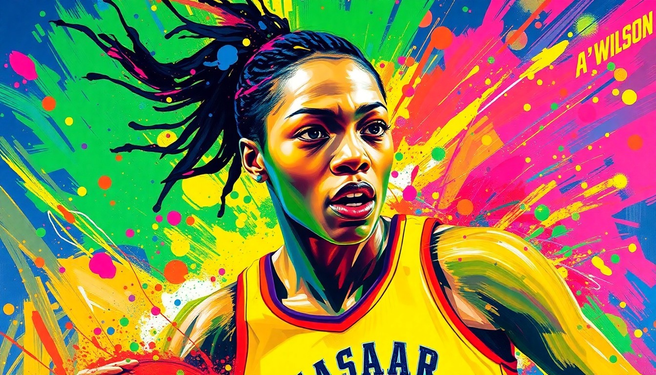 An abstract, expressionist painting in vibrant neon colors, capturing the raw energy and dominant movements of a WNBA basketball player, with their face and jersey number dissolving into unrecognizable splatters of paint.