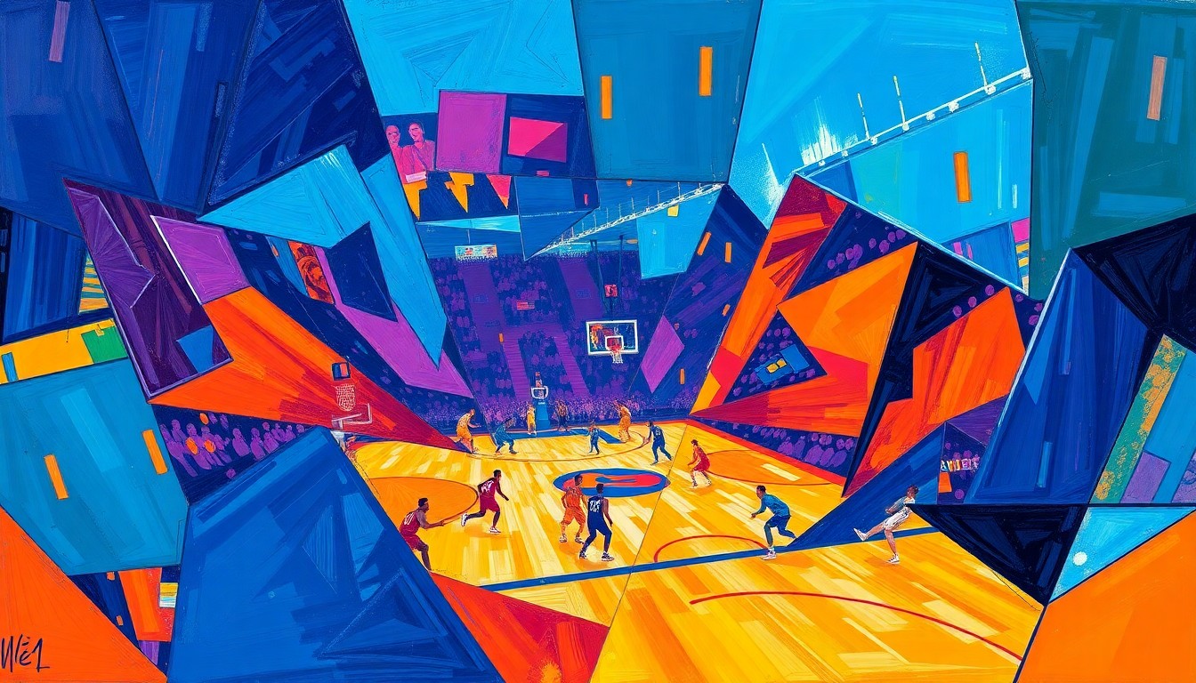 A cubist, geometric painting depicting a WNBA basketball game, with sharp, overlapping planes of color representing the dynamic action on the court.