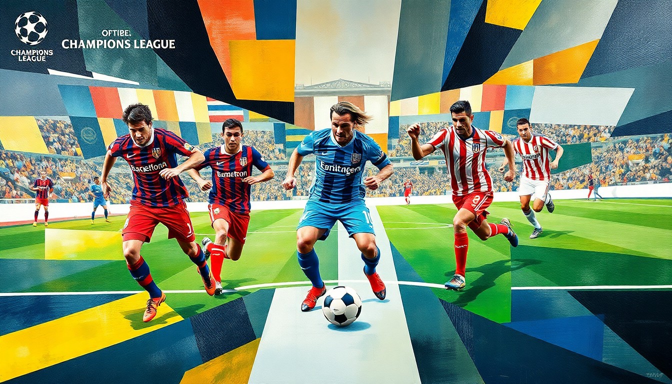 A fragmented, geometric painting depicting a Champions League soccer match, with players' figures broken down into abstract shapes and the ball and field lines creating a sense of dynamic movement and tension.