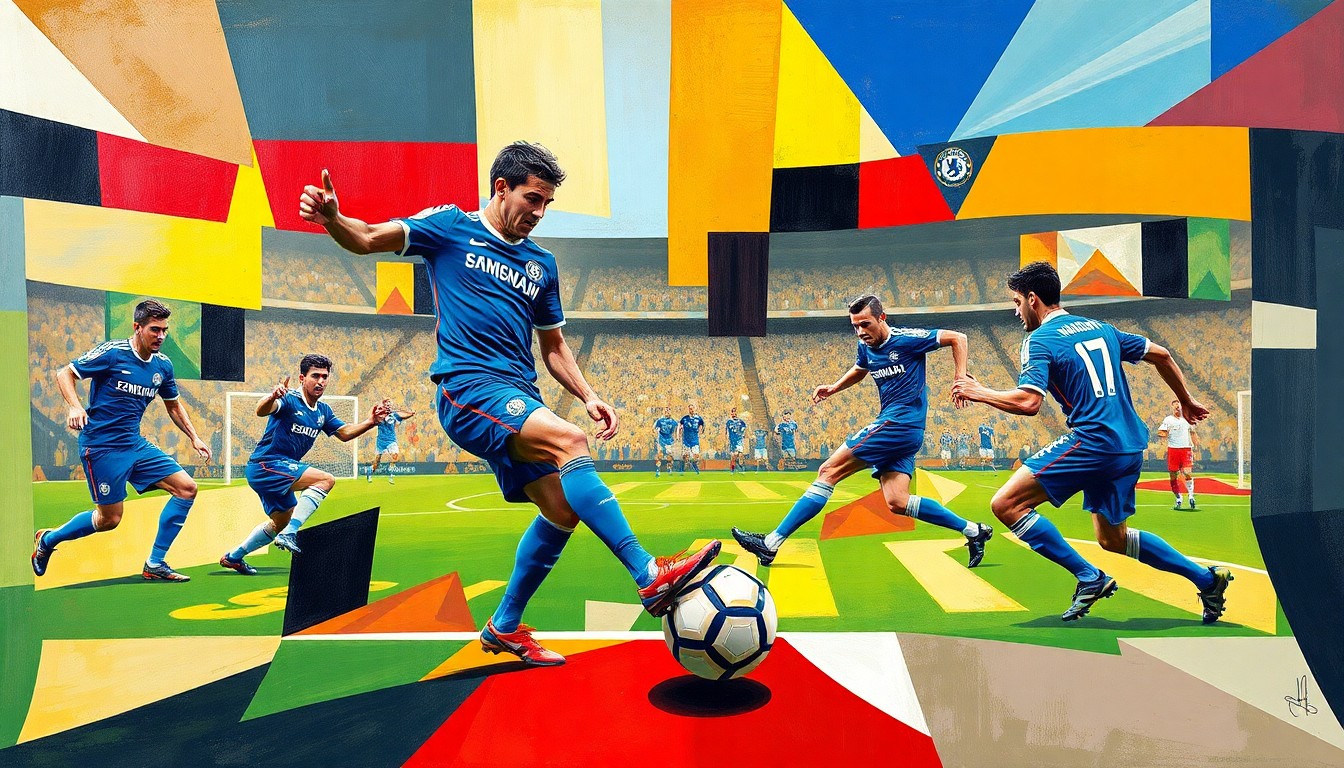 A cubist-style painting depicting a Chelsea football match against Napoli, with the players and ball represented through fragmented, geometric shapes in a vibrant color palette.