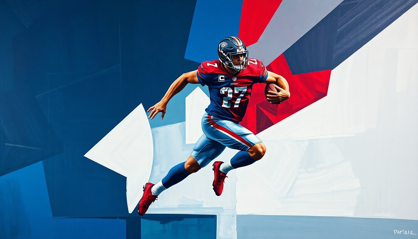 A fragmented, geometric painting depicting a football player in mid-stride, with sharp planes of navy, crimson, and silver conveying a sense of raw athletic energy and movement.