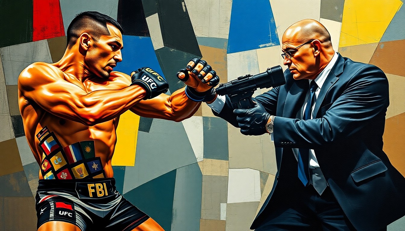 A cubist-style painting depicting a UFC fighter and an FBI agent engaged in a close-quarters combat, with their figures broken down into sharp, overlapping geometric shapes and planes in a dynamic, abstract composition.