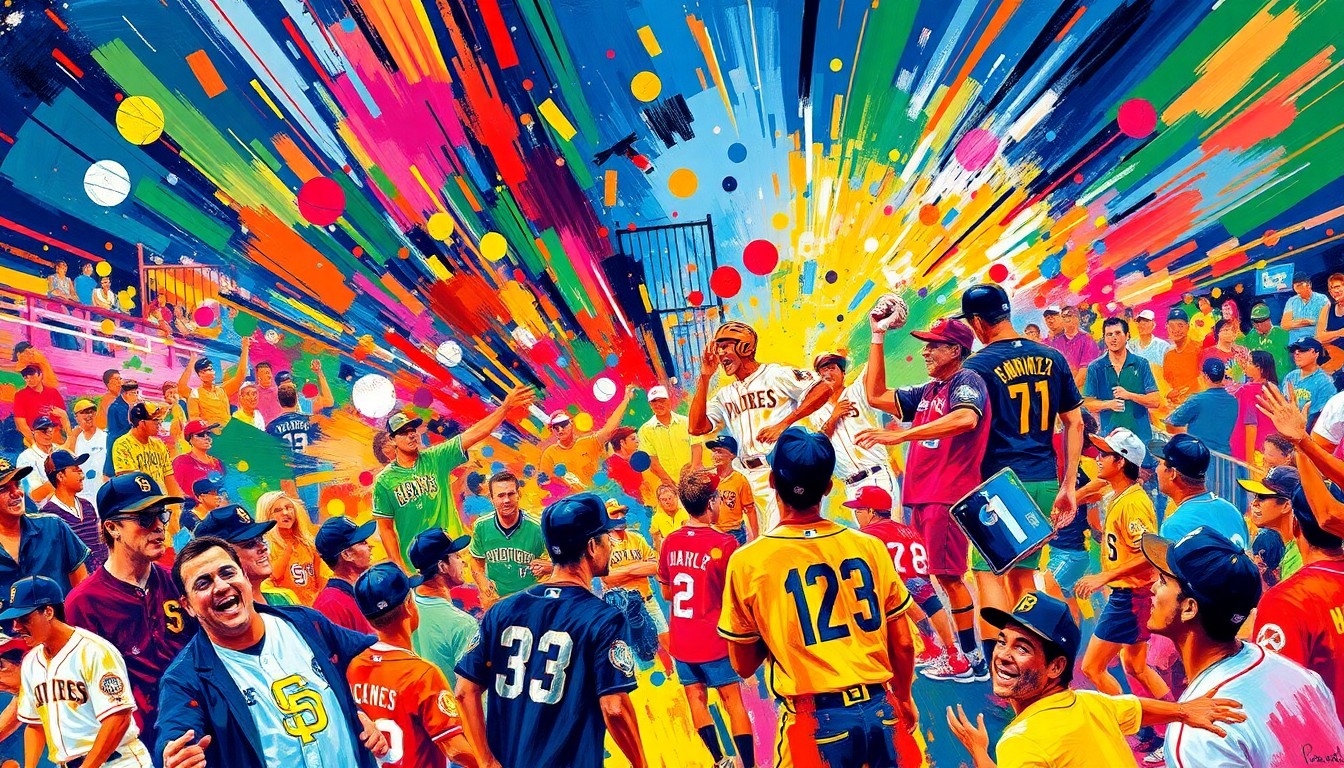 A dynamic, colorful painting in the style of LeRoy Neiman, featuring Padres players and fans interacting in a vibrant, expressive scene that captures the energy and joy of the team's community outreach efforts.