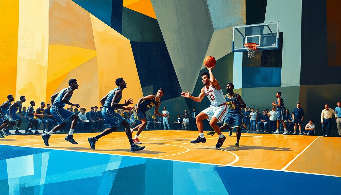 A fragmented, geometric painting depicting the chaotic energy of a basketball game, with players' bodies and the court itself broken down into sharp, overlapping shapes and planes.