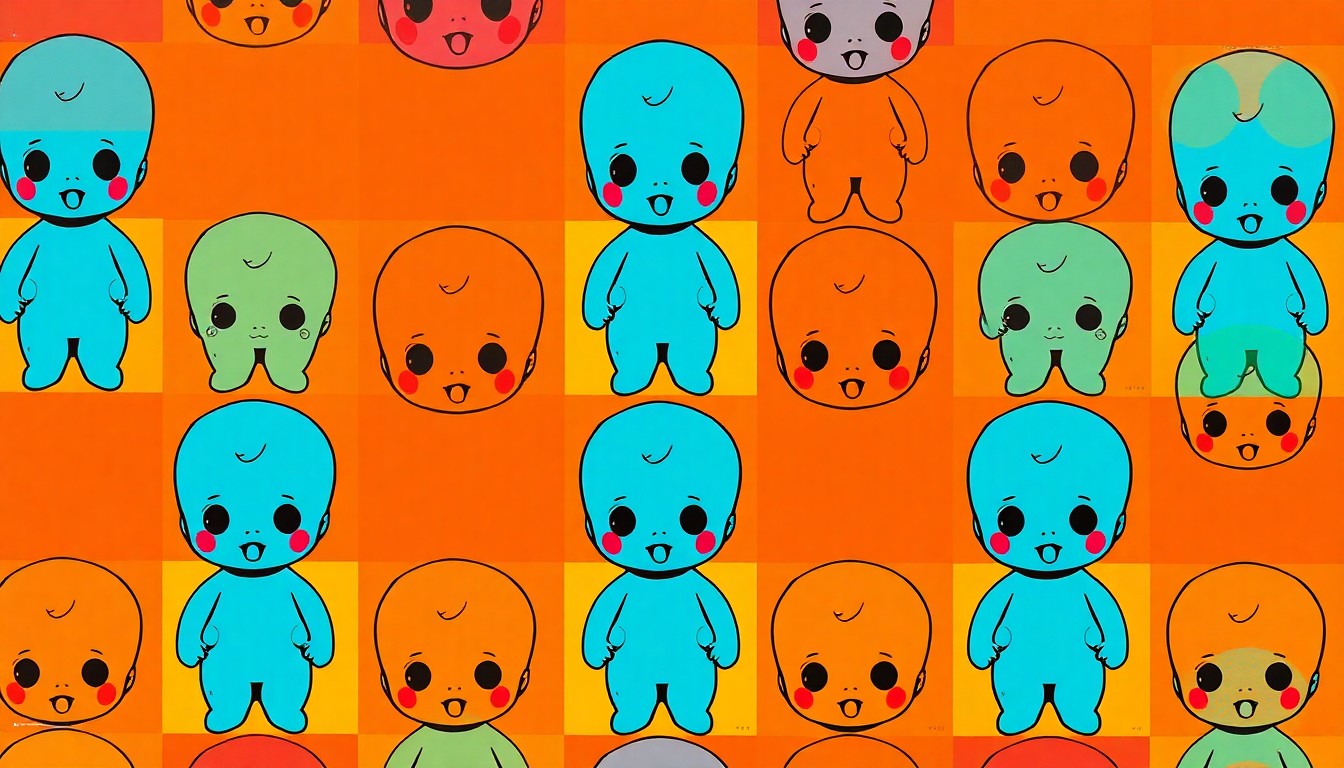 A vibrant, high-contrast silkscreen print featuring a grid of stylized Kewpie doll figures in neon colors, conceptually representing the whimsical and pop culture appeal of these classic dolls.