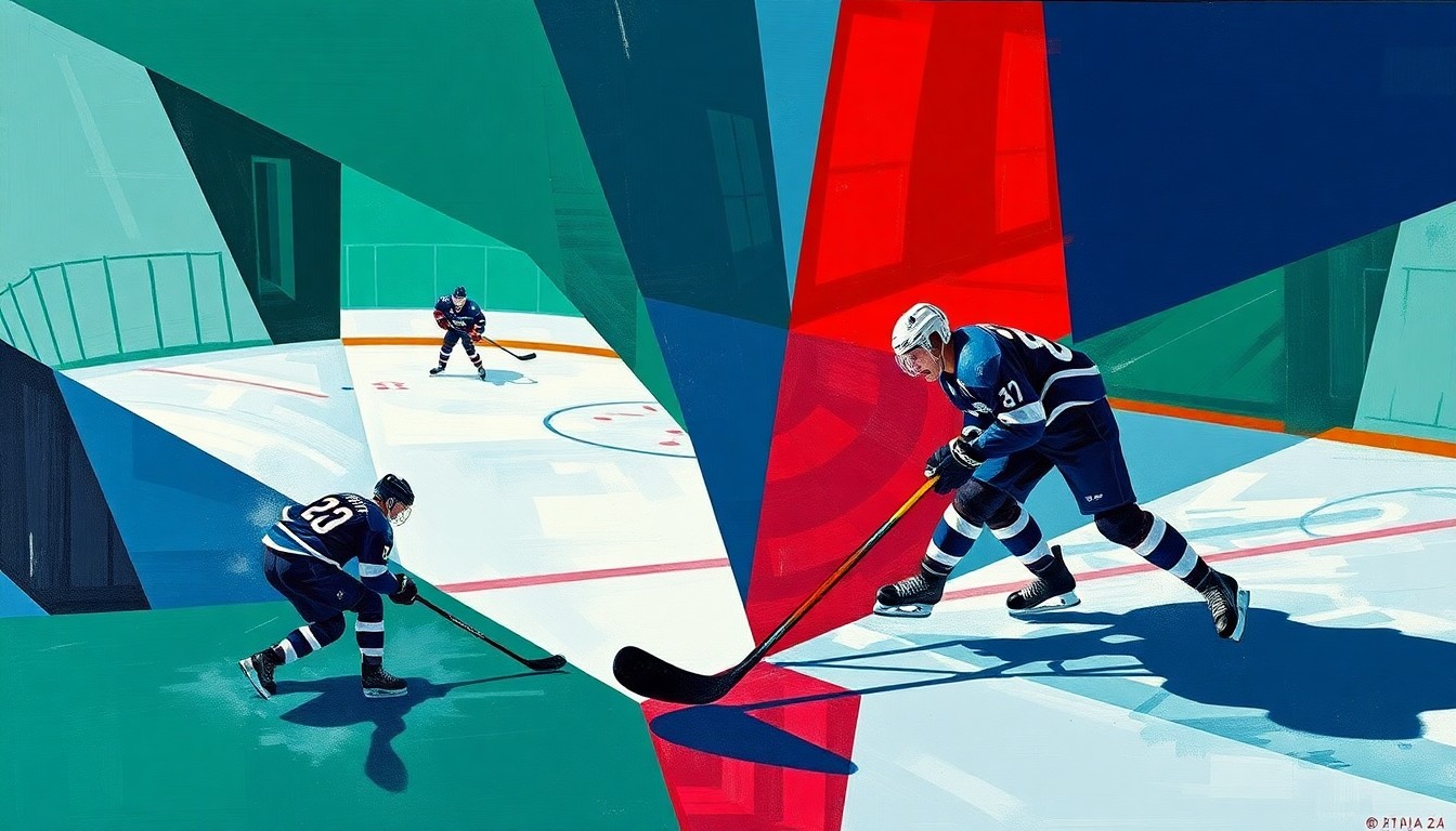 A fractured, cubist-style painting depicting the action of a college hockey game, with the players and puck broken down into overlapping geometric shapes and planes in a vibrant color palette, capturing the dynamic energy and strategic battle of the regional final.