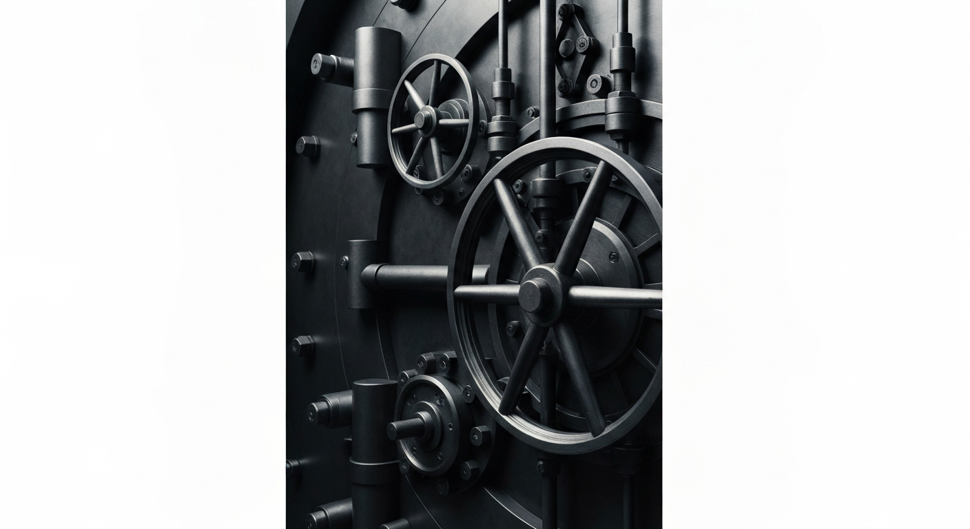 An extreme close-up of a complex, industrial-looking financial mechanism, such as a bank vault door or a stock trading terminal, rendered in high-contrast black and white, conceptually representing the weight and power of financial institutions.