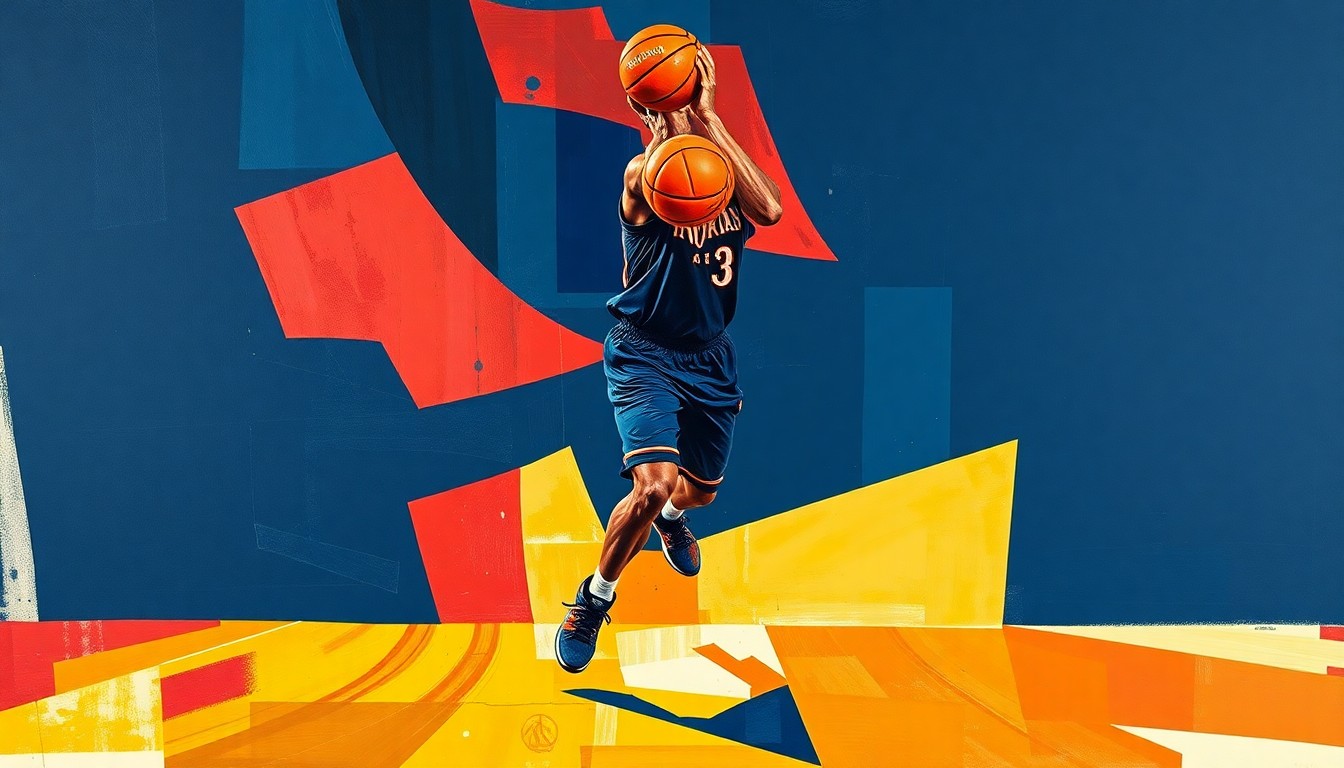 A cubist, geometric painting depicting a basketball player in motion, with sharp, overlapping planes of navy, red, and yellow conveying the dynamic energy and physical strain of the sport.
