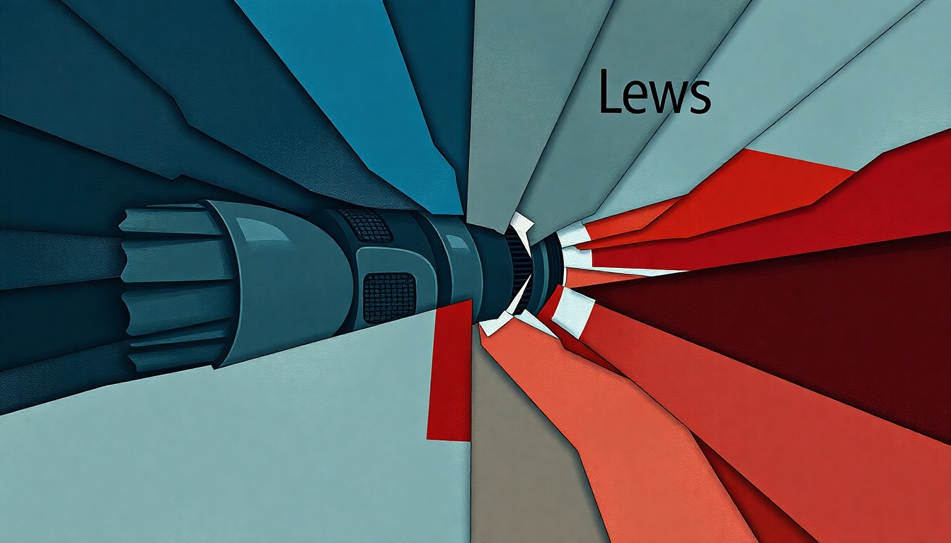 A dynamic, abstract painting featuring overlapping geometric shapes and brushstrokes in shades of blue, gray, and red, conceptually representing the disruption and fragmentation of press freedom.