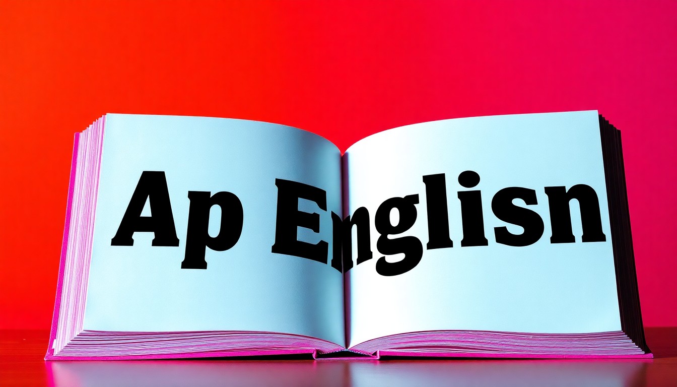 A brightly colored, high-contrast silkscreen print of an open book with the words 'AP English' repeated in a tight grid pattern, using flat, vibrant neon color palettes and heavy black outlines to transform an everyday academic object into modern pop art.