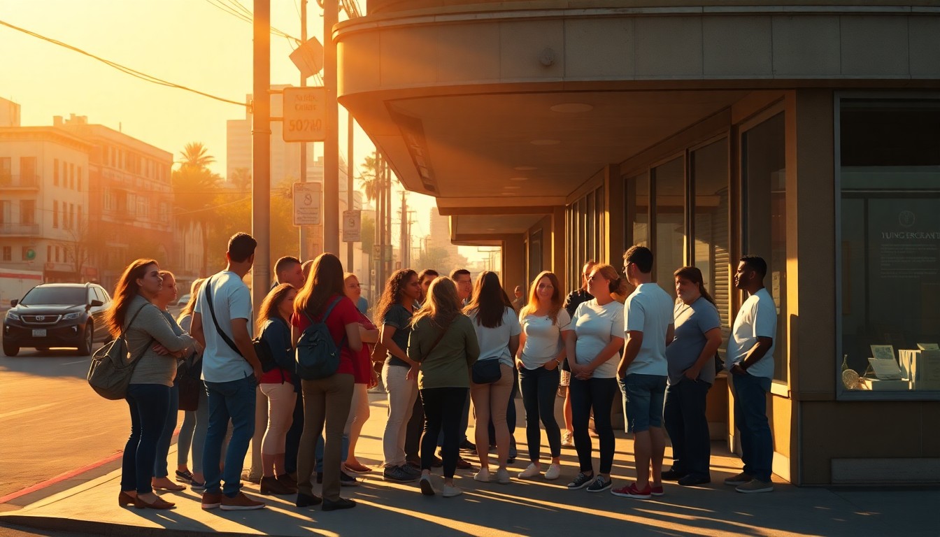 A cinematic painting depicting a group of people of various ages and backgrounds gathered on a street corner, with warm sunlight and deep shadows creating a contemplative, nostalgic mood.