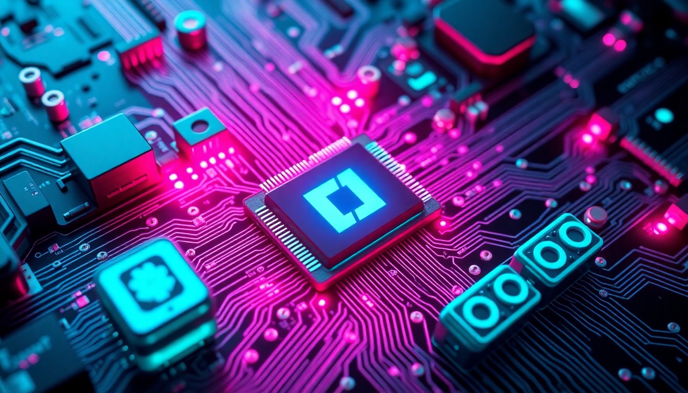 A highly detailed, luminous 3D illustration of a complex circuit board with pulsing neon lights, conceptually representing the digital vulnerabilities uncovered by an advanced AI model and the implications for the banking industry.
