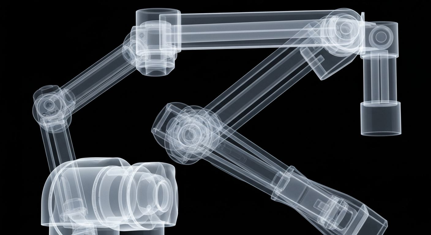 A translucent X-ray photograph revealing the intricate internal structure of a robotic surgical arm, conveying the clinical precision and advanced technology behind innovative medical procedures.