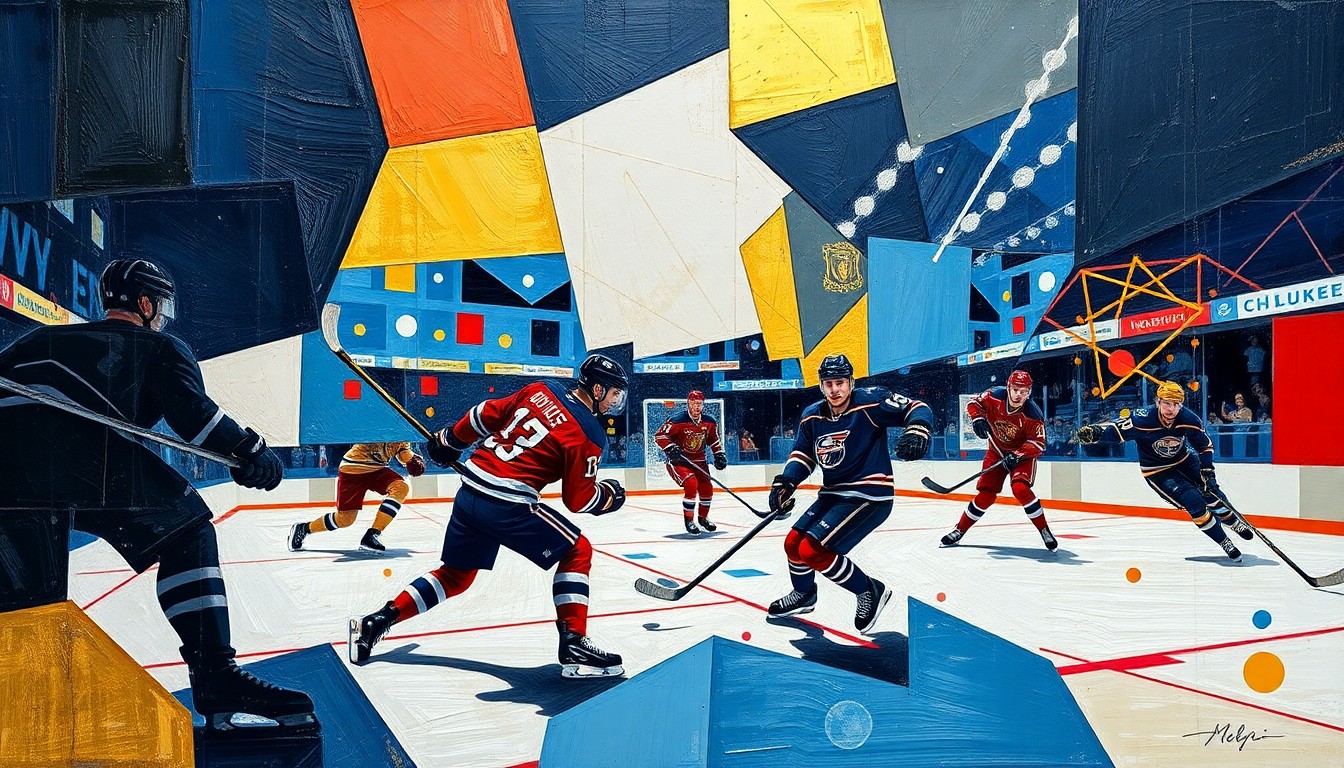 A cubist, geometric painting depicting a hockey game, with players and the puck fragmented into sharp, overlapping planes of color, conveying the nuanced, multidimensional approach to lineup decisions.