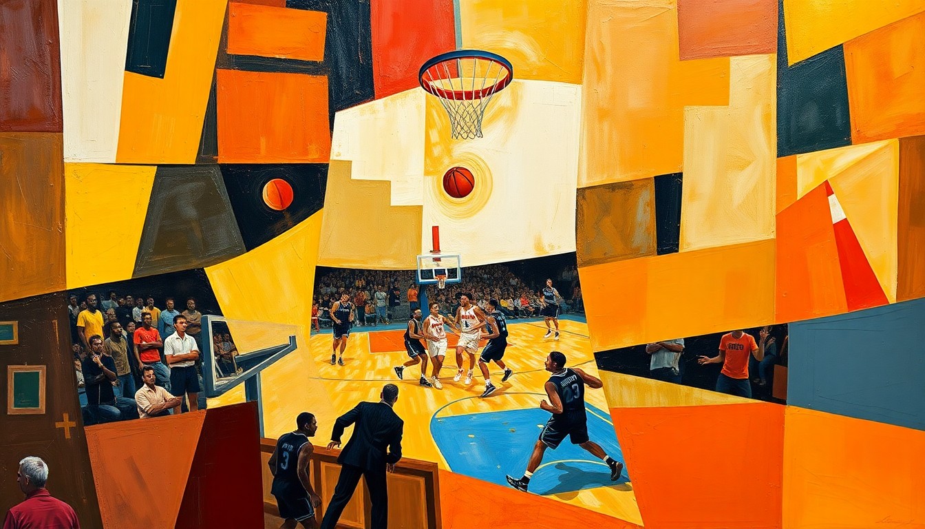 A cubist, geometric painting depicting a basketball game broken down into sharp, overlapping planes of color and shape, capturing the dynamic energy and movement of the sport.